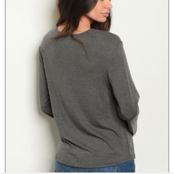 Grey Flare Sleeve Tie Front Top S  L - Picture 2 of 2